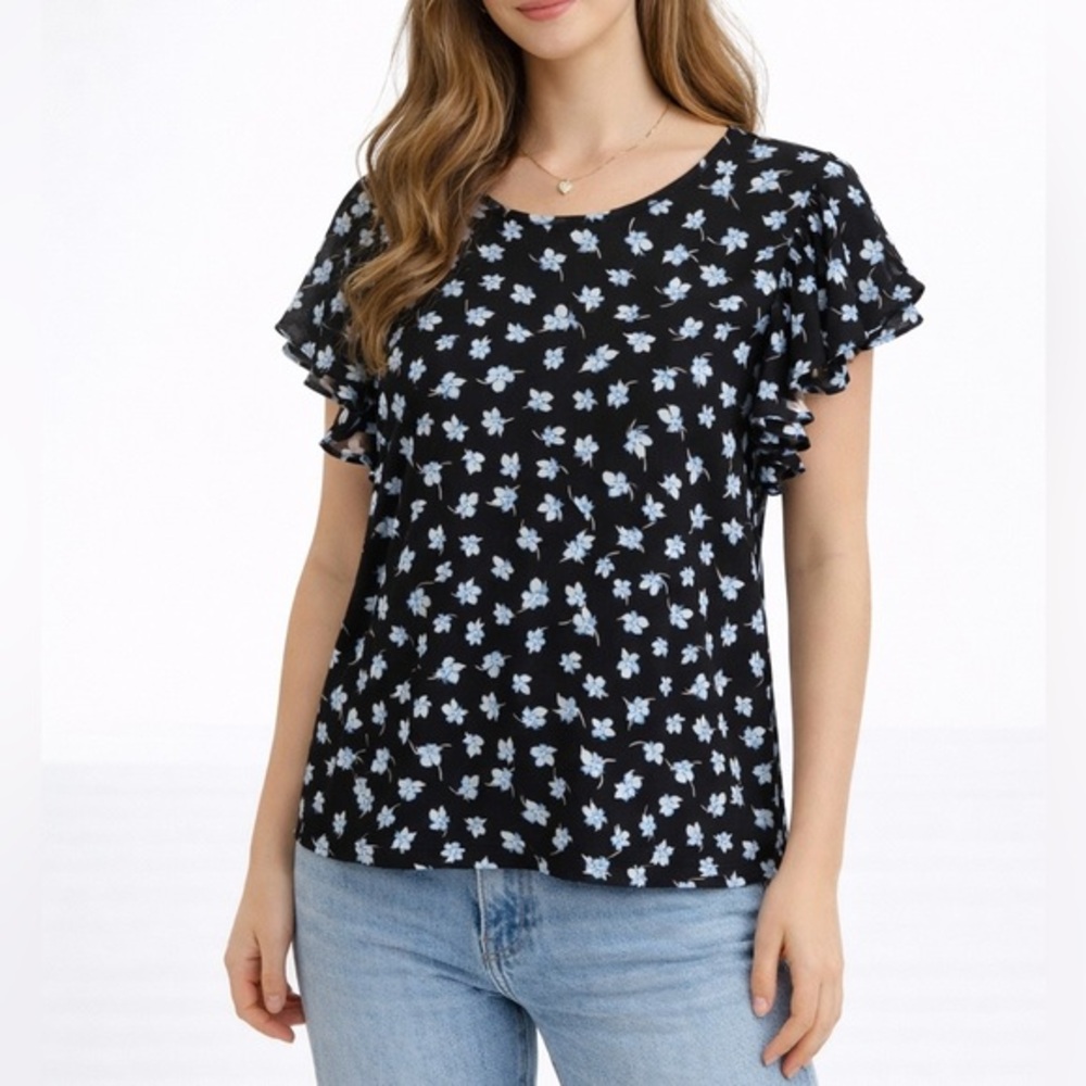 CeCe Black Blue White  Floral Ruffle Short Sleeve Blouse Spring Easter Top Sz M